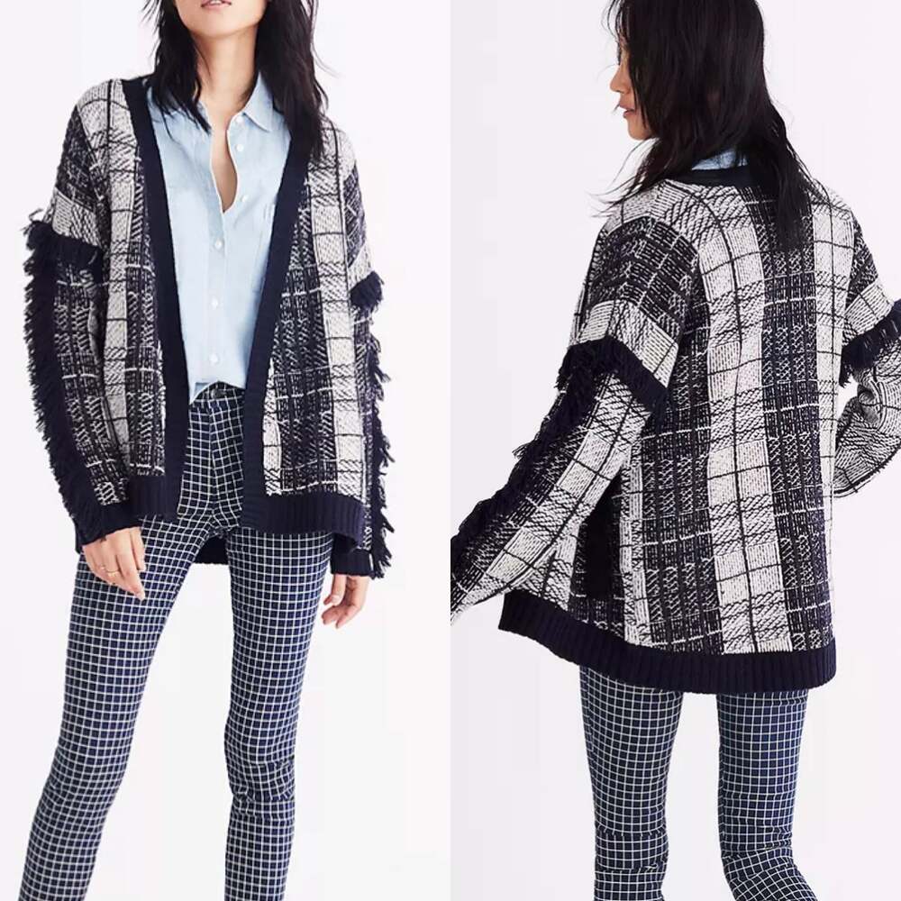 Madewell Women's Navy Plaid Fringe Wool Cardigan Sweater Sz XS NWT